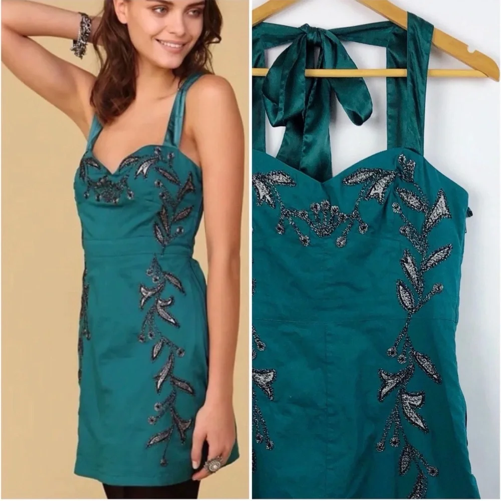 Free People Ocean Teal‎ Beaded Dress 6 Satin Tie Green Blue Shift